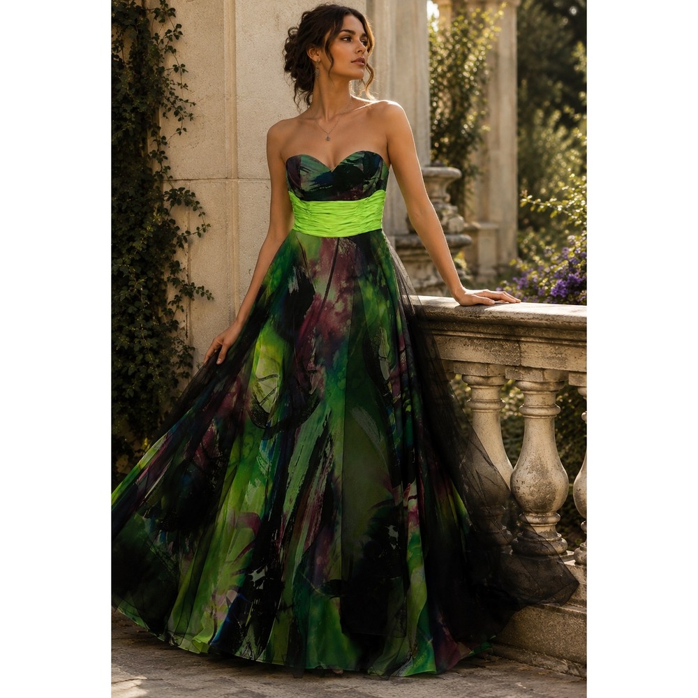 Sean Couture Vintage Y2K Strapless Maxi Dress Abstract Green Tulle Prom Gown 4